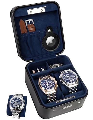 KAMIER Watch Travel Case with Combination Lock - 2 Watch Storage and Jewelry Organizer - Watch Case for Ring and Watch Storage, PU Leather Travel Watch Case, Valentine's Day Gift Box