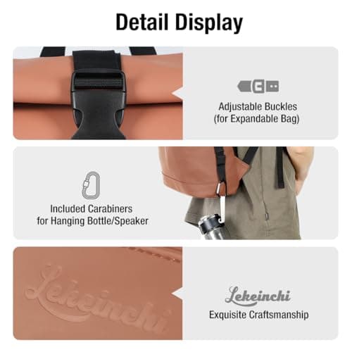 Lekeinchi 17-Inch Waterproof Laptop Backpack for Men and Women - Roll Top Design for School, Travel, Business, Work, and Camping(Brown) — view 6