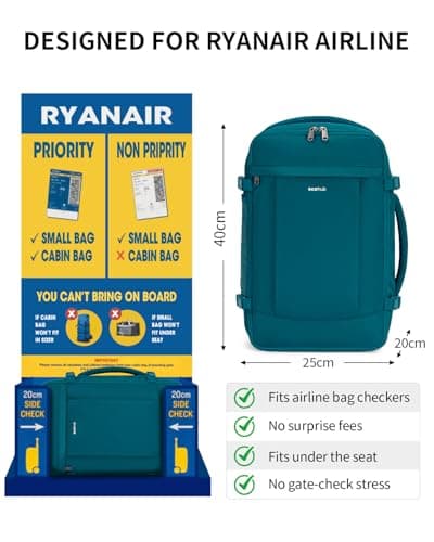 ECOHUB Ryanair Cabin Bags 40x20x25，20L Anti-theft Underseat Carry On Travel Backpack, Recycled Hand Luggage Bag with Laptop Compartment,Flight Rucksack bag for men women, Blue Green (Patent Pending) — view 2