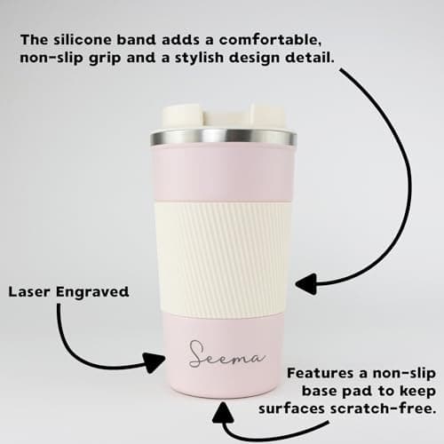 cribstar Personalised Engraved Insulated Travel Mug | Stainless Steel Tumbler | Double-Walled Tea/Coffee Cup | Leak-Proof & Reusable | Keeps Hot 12h / Cold 24h | Thermal Mug (Dusty Pink, 510ml) — view 2