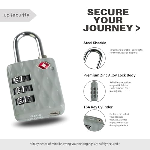 UP Security TSA-Approved Combination Padlock for Luggage & Travel - Durable, Resettable, Compact TSA Lock, Combo Lock for Suitcase, Cabinet, Gym Locker, Gun Case, Box (Gray+Gray) — view 5