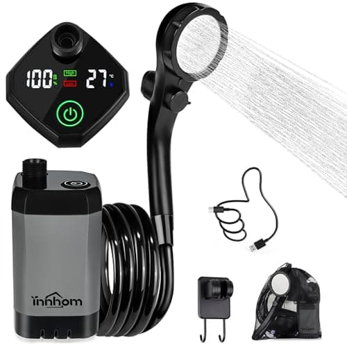 innhom Portable Camping Shower, 6000mAh Rechargeable Camp Shower Pump with LED Display, IPX7 Waterproof & 2 Spray Modes Electric Outdoor Shower for Hiking, Travel, Pet Bathing and Car Washing, Gray