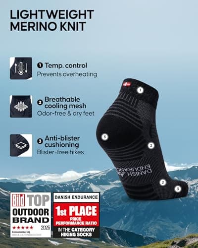 DANISH ENDURANCE Merino Wool Low Cut Hiking Socks with Lightweight Cushioning, for Men & Women, Unisex, 3 Pack, Black, 9-12 — view 2