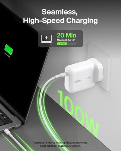 Belkin BoostCharge USB C Plug Charger, 100W GaN Fast Charging for iPhone 17, Samsung Galaxy S26, Pixel 10, AirPods, Tablet, MacBook - 1.5 m USB C Cable Included - Travel Essentials - White — view 2