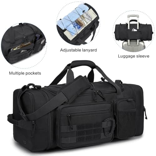 Tonruyn Tactical Duffle Bag Backpack for Men 40-45L Expandable Military Travel Duffel & Sports Holdall Gym Bag with Shoe Compartment Wet Pocket Medium Weekender Overnight for Camping Luggage, Black — view 6