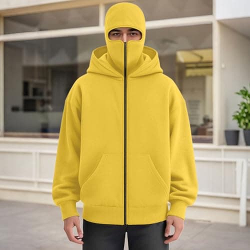 Balaclava Hoodie with Mask Built In Balaclava Full Zipper Double Hooded Coat Oversized Wind Resistant Warm Travel Hoodie with Face Mask Built In Winter Windproof Streetwear Workout Sweatshirt Yellow — view 2