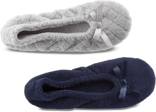 Isotoner Women's 2 Pack Mictroterry Ballerina Slipper with a Satin Bow, Light Grey Quilted, Navy Blue Solid, 6.5-7.5 — view 3