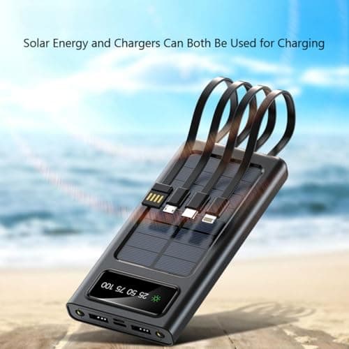 Solar Power Bank, with Built-in Cables, LCD Display, 5-Device Charging, Black/White (White, Milliamp Hours, 30000.0) — view 2