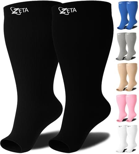 Zeta Wear Plus Size Support Open Toe Socks - Wide Calf Compression, Great for Travel & Flights, Women Love Its Amazing Fit, Cotton-Rich Comfort & Soothing Relief, 1 Pair, 2XL, Black