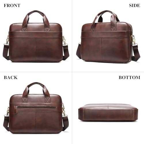 VINBAGGE Genuine Leather Briefcase for Men 14 Inch, Men's Business Laptop Work Bag, Messenger Bag with Adjustable Shoulder Strap, Professional Work Bag for Office Travel Commute — view 2