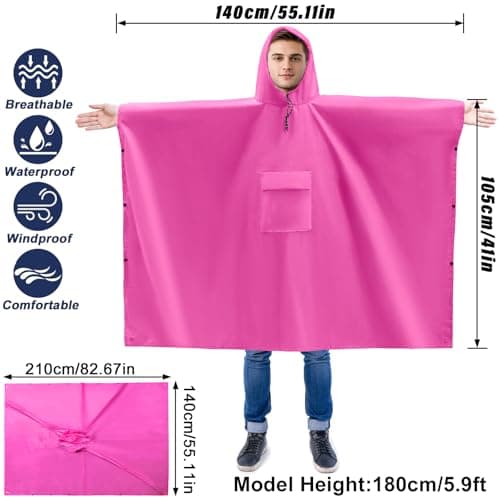 Dr.Fish Waterproof Rain Poncho for Adults, Lightweight Hooded Rain Coat Jacket with Pockets, Breathable Ripstop Rainwear for Hiking Camping Cycling, Packable with Storage Bag Pink — view 2