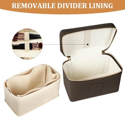 ALIIP Makeup Bag Large PU Leather Travel Cosmetic Bag with Removable Divider and Brush Slots, Water-Resistant Make Up Organiser for Women, Portable Toiletry Case with Handle - Coffee — view 5