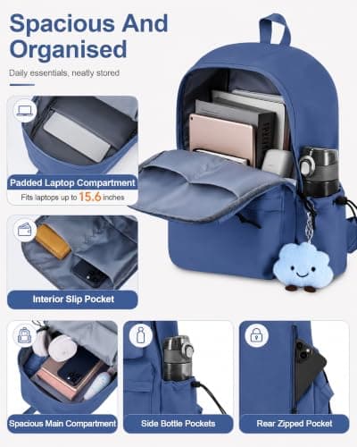 FIORETTO Backpack Womens School Bag Girls Boys, Lightweight Water-Resistant Fits 15.6" Laptop Large Capacity Rucksack with Anti-Theft Pocket, Ideal for School College Commuting Travel, Dark Blue — view 4