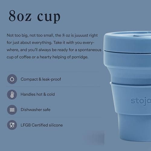 STOJO On-The-Go Mini Collapsible Junior Cup - 8oz / 237ml - Reusable & Foldable Silicone Travel Mug with Lid and Straw - Portable, Pocket Size - Dishwasher Safe - Steel Blue — view 2