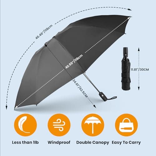 Crabcut Windproof Strong Umbrella, Automatic Folding Compact Travel Umbrella with Double Canopy, Easy Auto Open & Close, 9 Strong Ribs, Durable & Lightweight for Rain (Black) — view 2