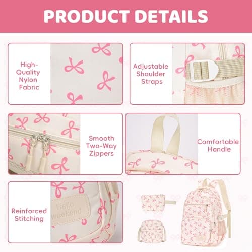 Aucuu Aesthetic School Bag for Girls, 3PCS Bow School Bags, Cute Backpack Sets, School Bag with Crossbody Bag & Wallet, Water Resistant Lightweight Bookbag, Kawaii Rucksack for Teens Girls Boys — view 4