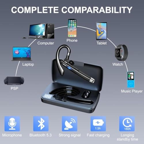 Bluetooth Headset V5.3 Wireless Handsfree Earpiece, Bluetooth Earpiece Single Headset with ENC Noise Canceling Microphone,LED Display,Waterproof Earphones In-Ear Headphone for Office ,Business,Driving — view 6