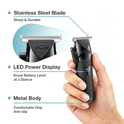 VGR 037 Mini Hair Trimmer for Men with Taper Lever and LED Display, Black — view 3