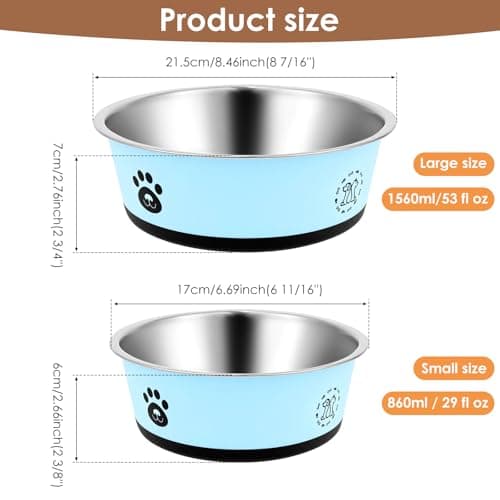 2 Pack Stainless Steel Dog Bowls (860ml & 1560ml) Dog Feeding Bowls with Non Slip Silicone Base, Metal Puppy Plate, Pet Food Feeding Dishes and Water Bowl Set for Small Medium Large Dogs — view 2