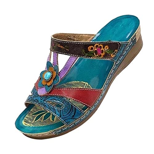RLEHJN Orthopedic Sandals Women, Women's Sandals & Slides Vintage Bohemian Floral Wedge Sandal Open Toe Non-Slip Slippers Comfy Mules Holiday Beach Shoes Ladies Summer Shoes Blue Size 3-7.5