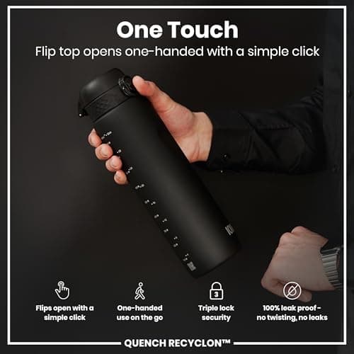 ION8 1 Litre Water Bottle, Leak Proof, Flip Lid, Carry Handle, Rapid Hydration, Dishwasher Safe, BPA Free, Contoured Grip, Ideal for Travel, Gym & Activity, Carbon Neutral Recyclon, 32 oz, Black — view 3