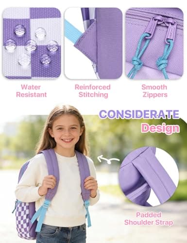 VASCHY School Bag, Lightweight Classic Cute Aesthetic Bookbag Daypack for Teen Girls Traveling/Gym/Middle School Black Lavender Plaid — view 4