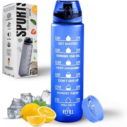 Roe Tenpo Water Bottle 1L, Sports Water Bottle with Time Markings, BPA-Free, Leak-Proof Drinks Bottle, Perfect for Running, Cycling, Gym, Yoga, Camping and Outdoor Activities, Blue