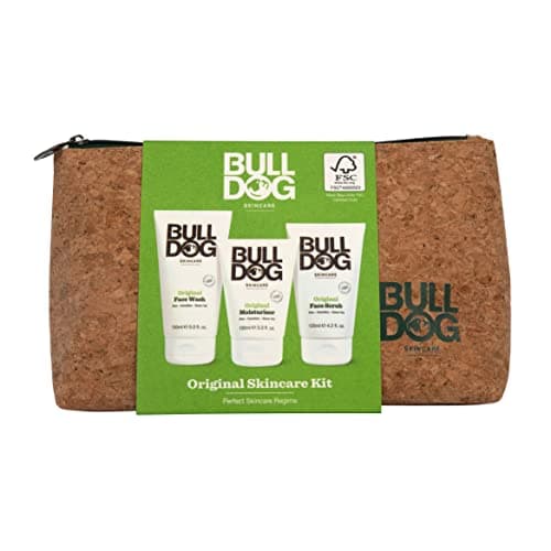 BULLDOG Skincare - Original Skincare Kit, Gift Set for Men (x1 Original Moisturiser 100ml, x1 Original Face Wash 150ml, x1 Original Face Scrub 125ml, x1 Cork Wash Bag)
