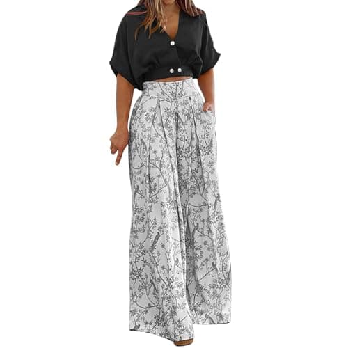 NSICBMNO Black 2 Piece Outfits Women Summer Co Ord Sets Floral Trousers Short Sleeve Blouses Crop Tops Lounge Sets Boho Wide Leg Trousers V Neck Shirt Travel Outfit Airport Set For Holiday Beach