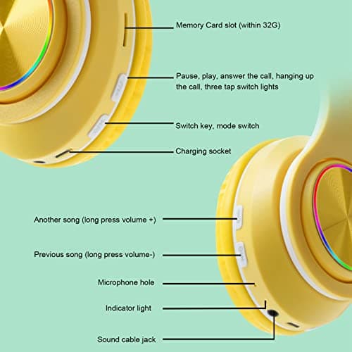 Bluetooth Headset, Noise Reduction Wireless Gaming Headset Foldable Over Ear Bluetooth Headphones with RGB Lights for Kids Adults Girls Boys(Yellow) — view 2