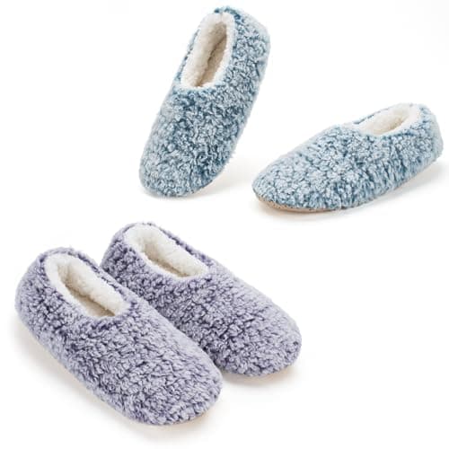 Cozylook 2-Pair Slipper Socks for Women Non Slip Soft Sole Slippers, 2-pk Fuzzy Sherpa (Purple & Teal), 11-12
