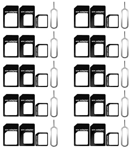 10 Pack SIM Card Adapter Kit, 4 in 1 Standard SIM Converter Tool with Steel Tray Eject Pin, Nano to Micro Adapter, 10 Set