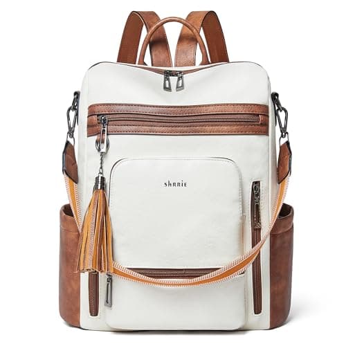 Shrrie Vegan Leather Laptop Backpack for Women 15.6 inch Work Backpack Fashion Travel Backpack Purse for Business College-Beige with Brown