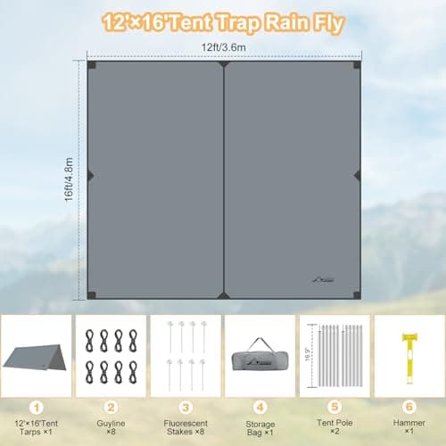 WADEO Camping Tarp Shelter with Poles, Waterproof Heavy Duty Bushcraft Tarp, Rain Fly Hammock Cover, Outdoor Shelter for Camping, Hiking, Festival (Grey - 3.6x4.8m) — view 2