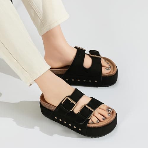 Women's Platform Sandals Cork Footbed Adjustable Double Buckle Slides — view 6