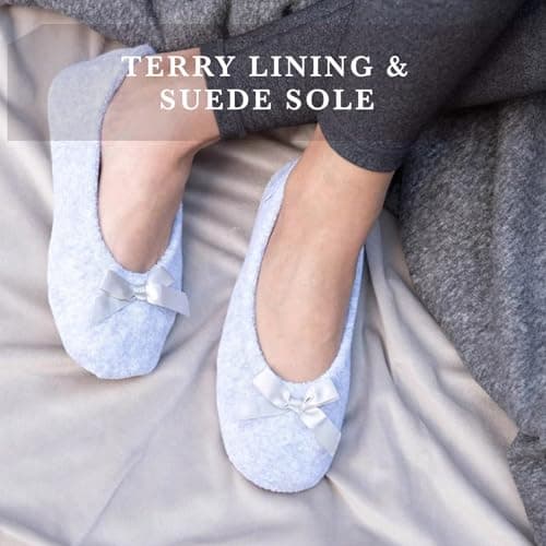 Isotoner Women's 2 Pack Mictroterry Ballerina Slipper with a Satin Bow, Light Grey Quilted, Navy Blue Solid, 6.5-7.5 — view 5