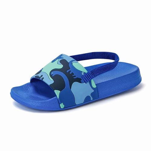 FUNCOO PLUS Kids Sliders Flip Flops Sandals, Blue Dinosaur Size 7/8
