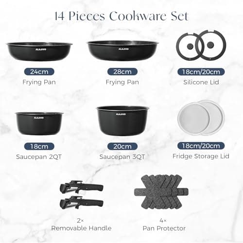 Ceramic Cookware Set with Removable Handle, 14-Piece Pan Set with Non Stick Coating, Induction Pots and Pans with Lids, 24/28cm Frying Pan, Suitable for All Hob Types, Oven-Safe — view 2