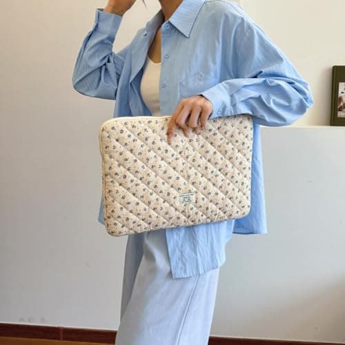 CHAMAIR Puffy Laptop Sleeve 15 Inch Cute Laptop Case Floral Quilted Laptop Sleeve Cute Aesthetic Cover Case 14'' 15'' (Blue 15in) — view 3