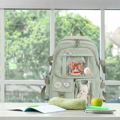 School Bags for Girls Cute Backpack with Bear Pendant Large Capacity Kawaii Rucksack with Cartoon Pin and Card Aesthetic Multi Pocket School Bag Back to School Teenage Secondary Primary Middle Pink — view 5