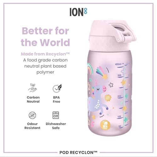 Ion8 Kids Water Bottles, BPA Free, Leakproof, Dishwasher Safe, Easy Open, Secure Lock, Small Boys & Girls Water Bottle,Kids Drinks Bottle for Spill-free Drinking, Pink, Unicorns, 350ml/12oz — view 5