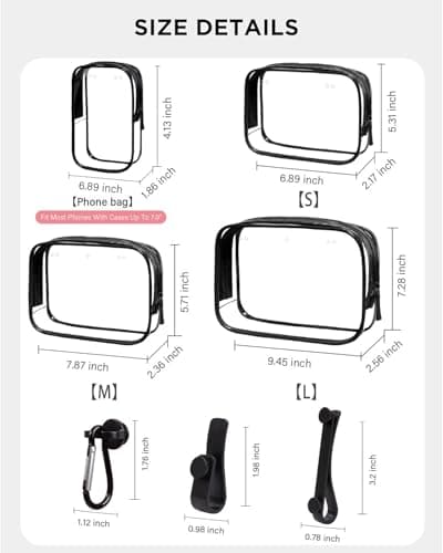 FFpaw 7 Packs Clear Beach Tote Bag Accessories Insert Hooks Phone Holder for Beach Bags Travel Makeup Clean Toiletry Brush Organizer Divider Storage Inner Compatible Pouch Cosmetic Bag, Black, Mini — view 5