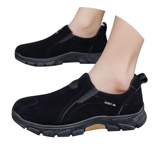 Walking Shoes Wide Fit Trainers for Men Slip-On Waterproof Walking Shoe Outdoor Suede Upper Hiking Trainers Fashion Low-Top Sneaker with Orthopedic Arch Support for Fitness Jogging Black — view 2