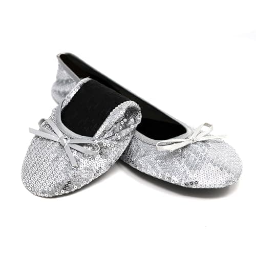 Silky Toes Women’s Foldable Ballet Flats - Portable Roll-Up Slippers for Purse, Travel, or Events - Comfortable Ballerina Shoes, C Sequins - Silver, X-Large — view 3
