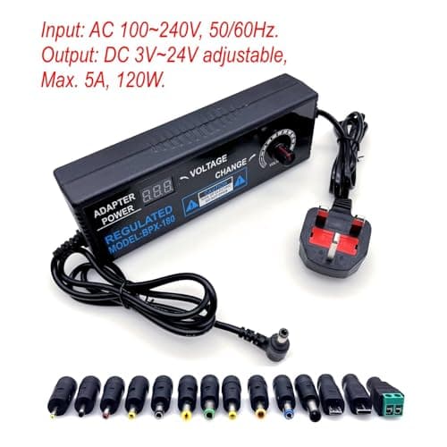 JZK Adjustable Voltage Power Supply 3V-24V 5A 120W with Digital Display, 100-240V AC to DC 3V 5V 6V 9V 12V 15V 18V 19V 20V 24V Universal Power Adapter Converter Transformer with DC Plug Tips — view 2