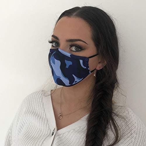 Aquarias Keep Safe Reusable Face Mask - Washable Breathable Cotton Cover with Adjustable Nose Strip & Ear Loops - Comfortable Mouth & Nose Shield for Daily Use, Travel & Sports (Blue Camo, Large) — view 2