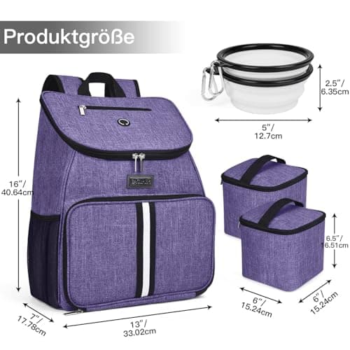 BAGLHER 丨Dog Travel Bag, Airline Approved Pet Supplies Backpack, Dog Travel Backpack Accessories Set with 2 Silicone Collapsible Bowls and 2 Food Baskets. Purple — view 3