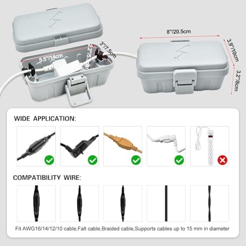 Hrensaw Small Weatherproof Electrical Connection Box(Inner 5.5 x 3 x 2.2inch),Outdoor Electrical Box,Waterproof Extension Cord Covers for Plug, Extension Cables, Holiday Lights,Grey — view 2