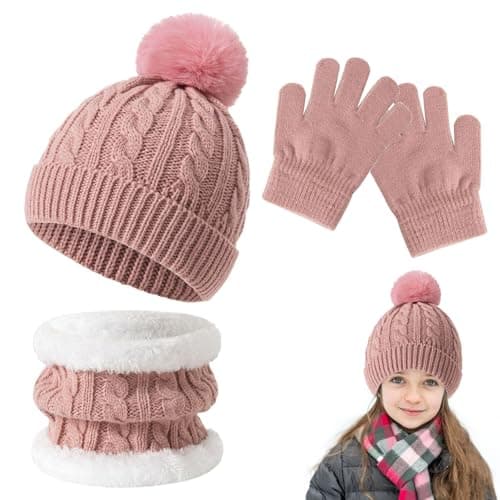 Kids Winter Beanie Hat Scarf Gloves Set, Fleece Lined Thermal Set(Pink)