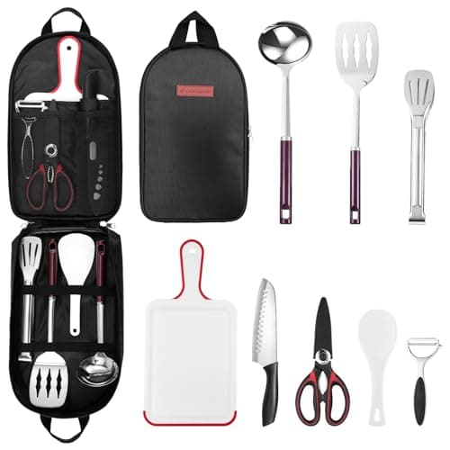 Odoland Camping Kitchen Utensil Organizer Travel Set with Tongs, Scissors, Cutting Board, Rice Paddle and Water Resistant Case for Indoor Daily Meal or Outdoor Hiking Picnic and Trekking